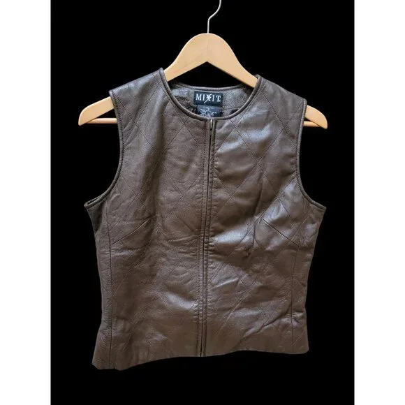 Mixit Brown Quilted Genuine Leather Sleeveless Vest With Zipper Closure Womens S - Picture 2 of 4
